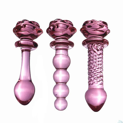 Glass Dildo Pink Rose Flower Shape Vaginal Anal Butt Plug Self Comfort