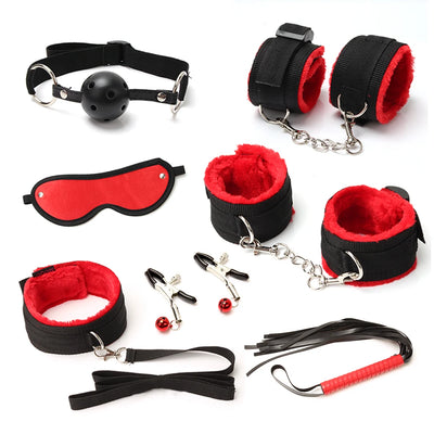SM Bondage Restraint Set Plush Handcuffs Ankle Cuff Whip Rope Mask Col